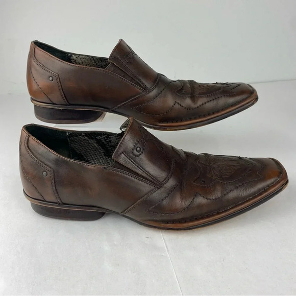 Mark Nason Mens 10.5 Brown Leather Loafers Square Toe Cross Emblem - Picture 1 of 7